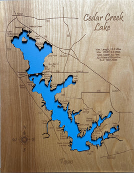 Cedar Creek Lake, Texas  - Laser Engraved Wood Map Overflow Sale Special