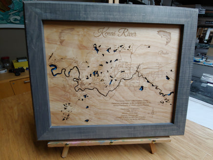 Kenai River, Alaska - Map in Ebony Stained Frame