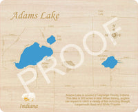 Adams Lake, Indiana - Laser Cut Wood Map