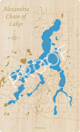 Alexandria Chain of Lakes, Minnesota, USA - Laser Cut Wood Map