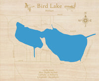 Bird Lake, MI - Laser Cut Wood Map