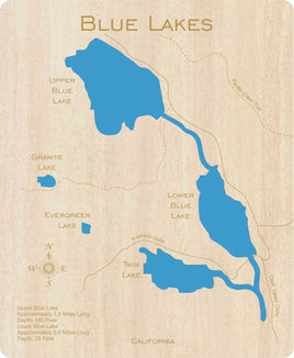 Blue Lakes, California - Laser Cut Wood Map