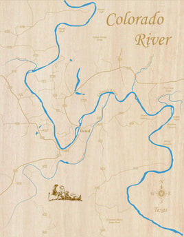 Colorado Bend, Colorado River, TX - Laser Cut Wood Map