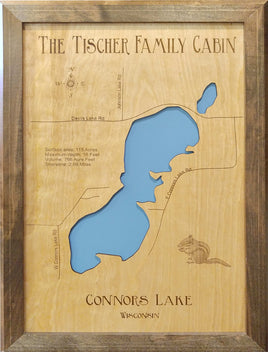 Connors Lake, Wisconsin - Burnett County - Laser Cut Wood Map