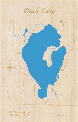Duck Lake, Michigan - Traverse County - Laser Cut Wood Map