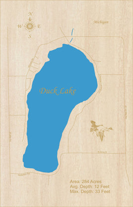 Duck Lake, Michigan (Calhoun County)  - Laser Cut Wood Map
