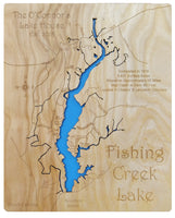 Fishing Creek Lake, South Carolina - Laser Cut Wood Map