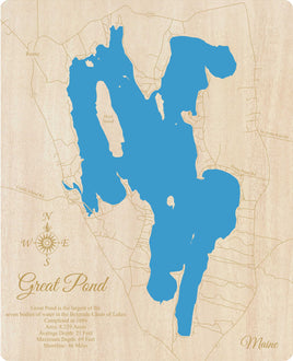 Great Pond Lake, Maine - Laser Cut Wood Map