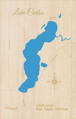 Lake Carlos, Minnesota - Laser Cut Wood Map