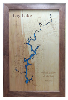 Lay Lake, Alabama - Laser Cut Wood Map