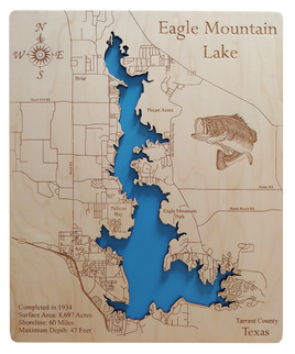 Eagle Mountain Lake, Texas - Laser Cut Wood Map