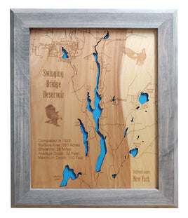 Swinging Bridge Reservoir, New York - laser cut wood map