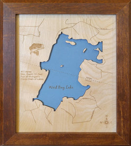 West Bay Lake, Wisconsin - laser cut wood map
